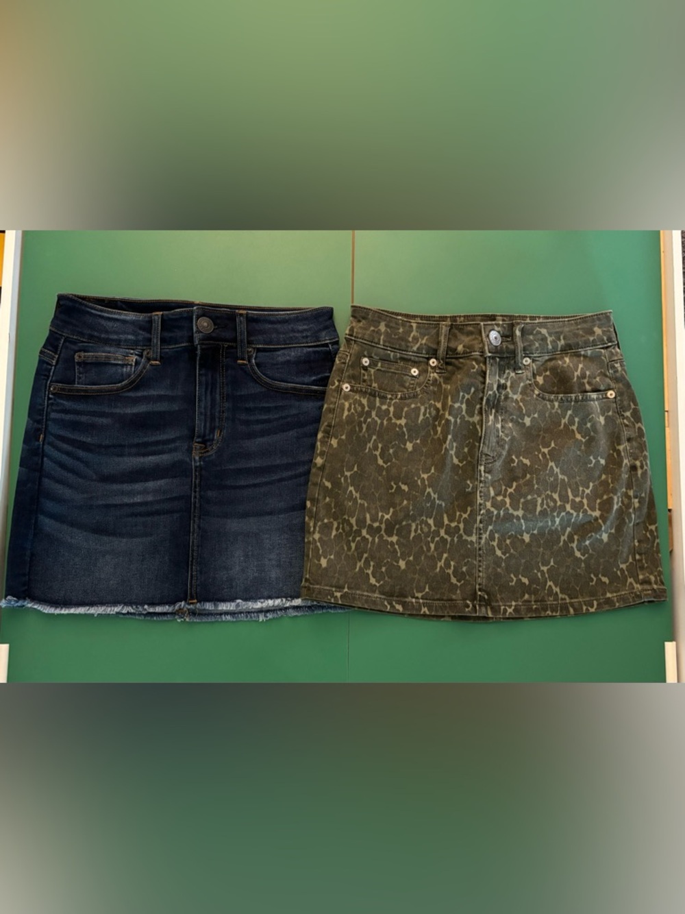 American Eagle Outfitters Size2 Dark Blue Denim Skirt & Olive Leopard Print Mini